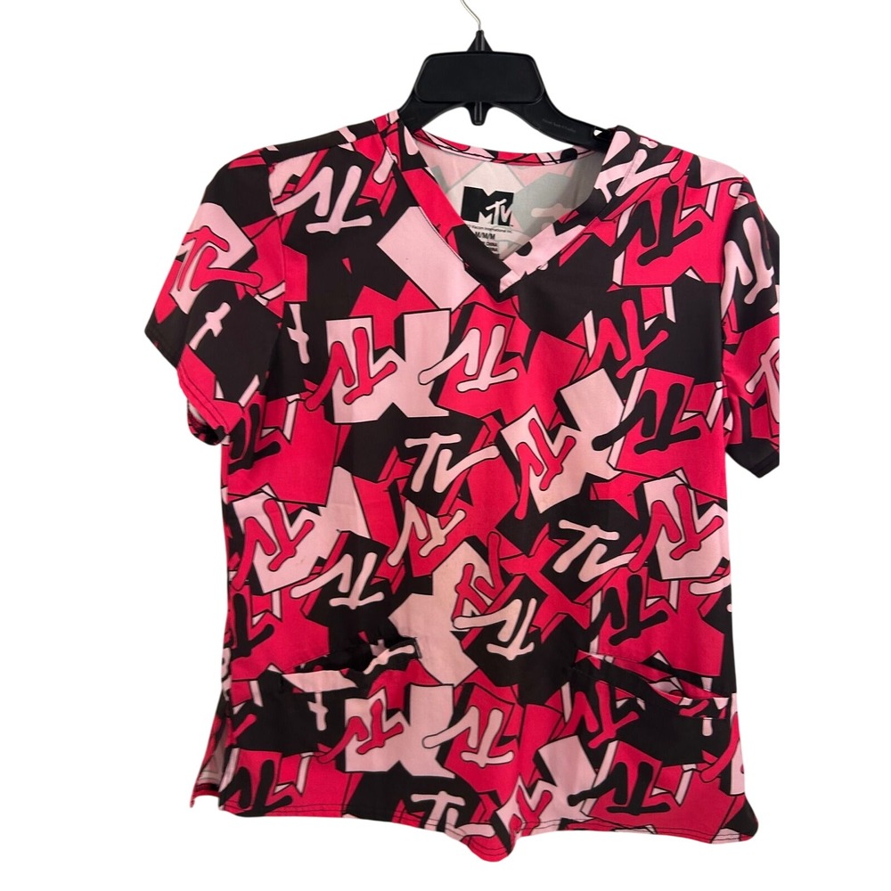 MTV Scrub Top Size Medium Pink Black Graphic Print V-Neck Women